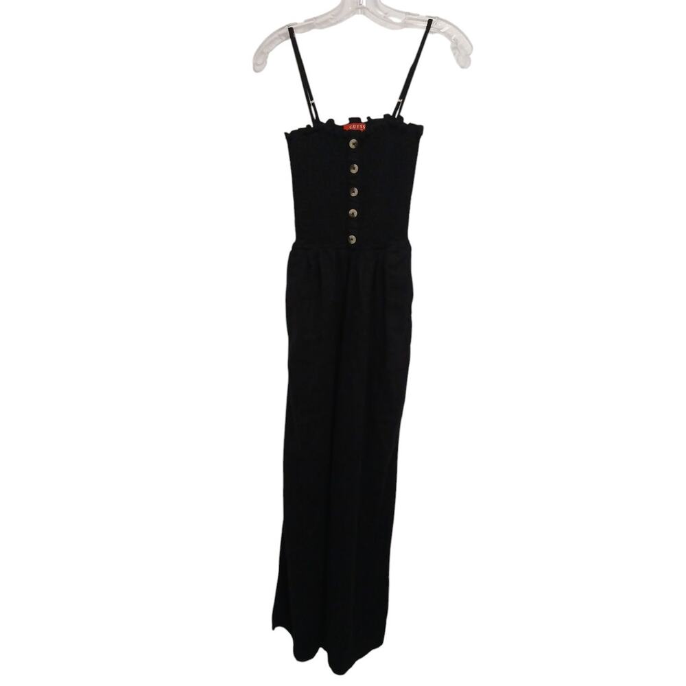 Y2K GUESS Linen Jumpsuit Sz S BLACK Smocked‎ Tube Wide Leg Glam Goth Barbiecore